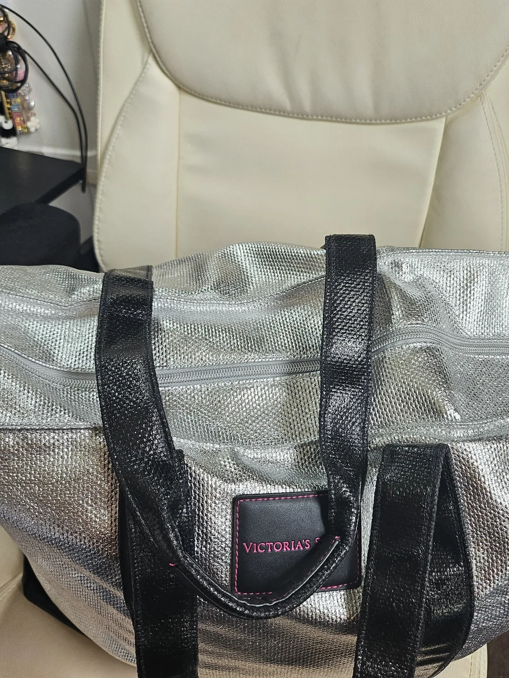 Victoria's Secret Silver Metallic Tote Bag with Black Trim